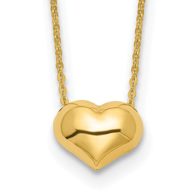 14k Yellow Gold Polished Finish Hollow Puffed Heart 16.5 inch Cable Chain Necklace Design