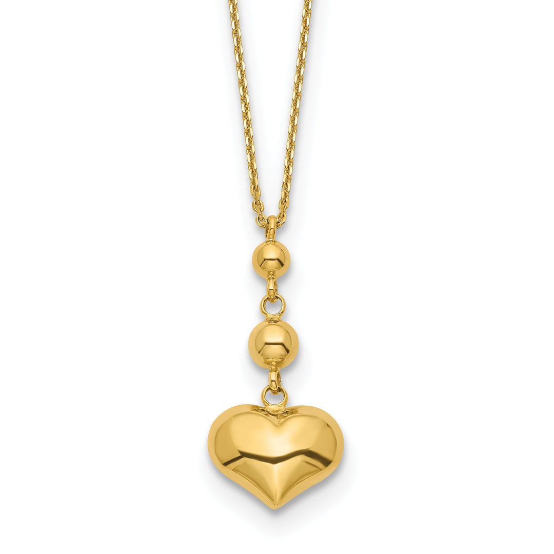 14k Yellow Gold Polished Finish Heart with Beads Design Pendant in a16-inch Cable Chain with 2-inch ext Necklace