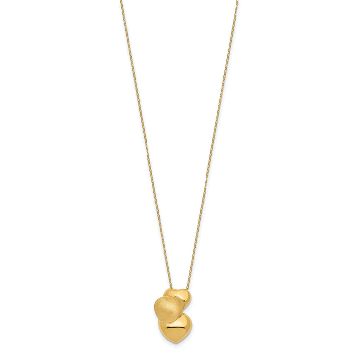 14k Yellow Gold Polished,Satin Finish Hollow 3 Puffed Hearts Design Pendants with 18-inch Cable Chain Necklace