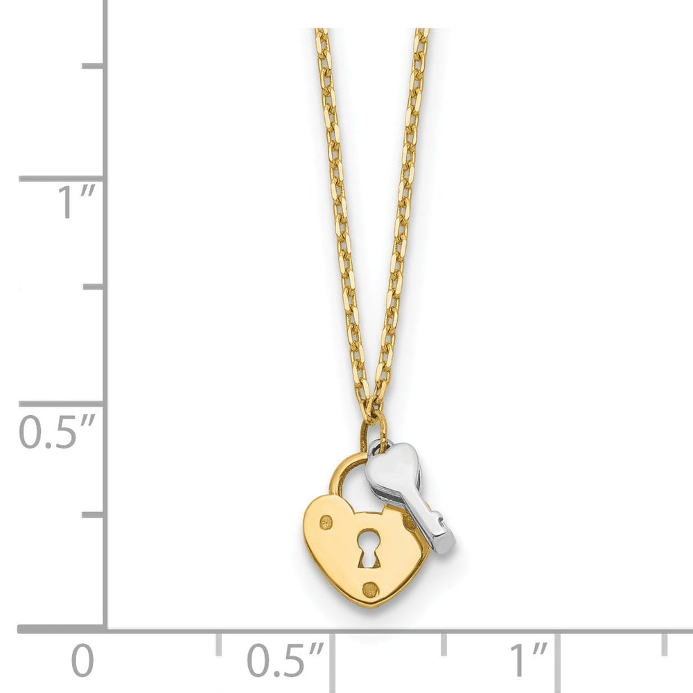 14k Two Tone Gold Polished Finish Heart Lock Shape and Key Design in a 18-inch Cable Chain Necklace