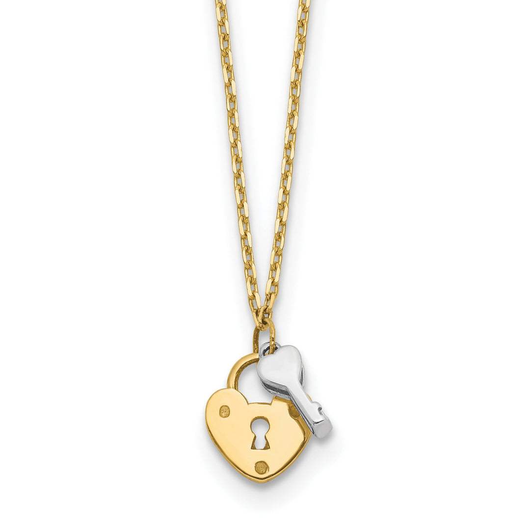 14k Two Tone Gold Polished Finish Heart Lock Shape and Key Design in a 18-inch Cable Chain Necklace