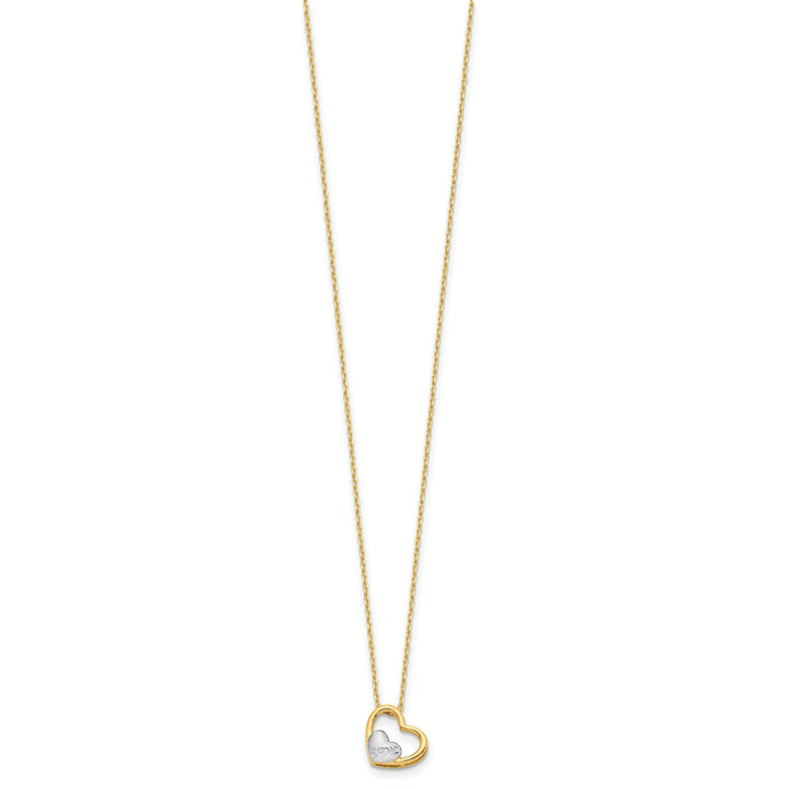 14K Yellow Gold, White Rhodium Love Heart in Heart Design with 17-inch Necklace