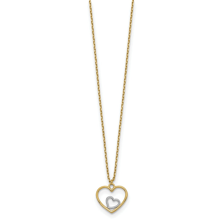 14k Yellow Gold, White Rhodium Hollow Polished Finish Heart in Heart Pendant Design in a 18-inch Cable Chain Necklace Set