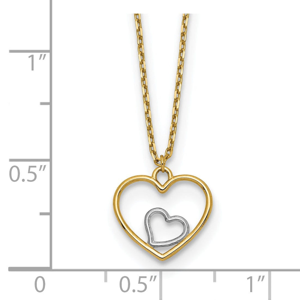 14k Yellow Gold, White Rhodium Hollow Polished Finish Heart in Heart Pendant Design in a 18-inch Cable Chain Necklace Set