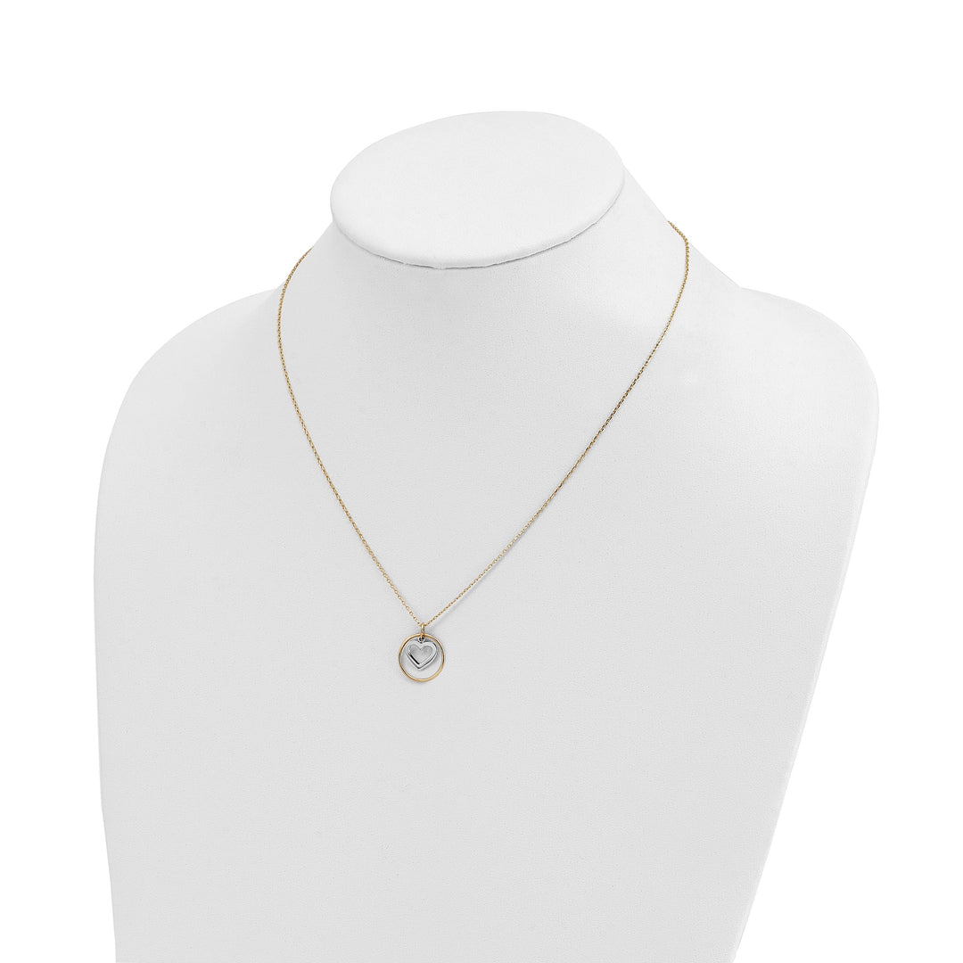 14k Two Tone Gold Polished Finish Heart in Circle Pendant Design in a 18-inch Cable Chain Necklace Set