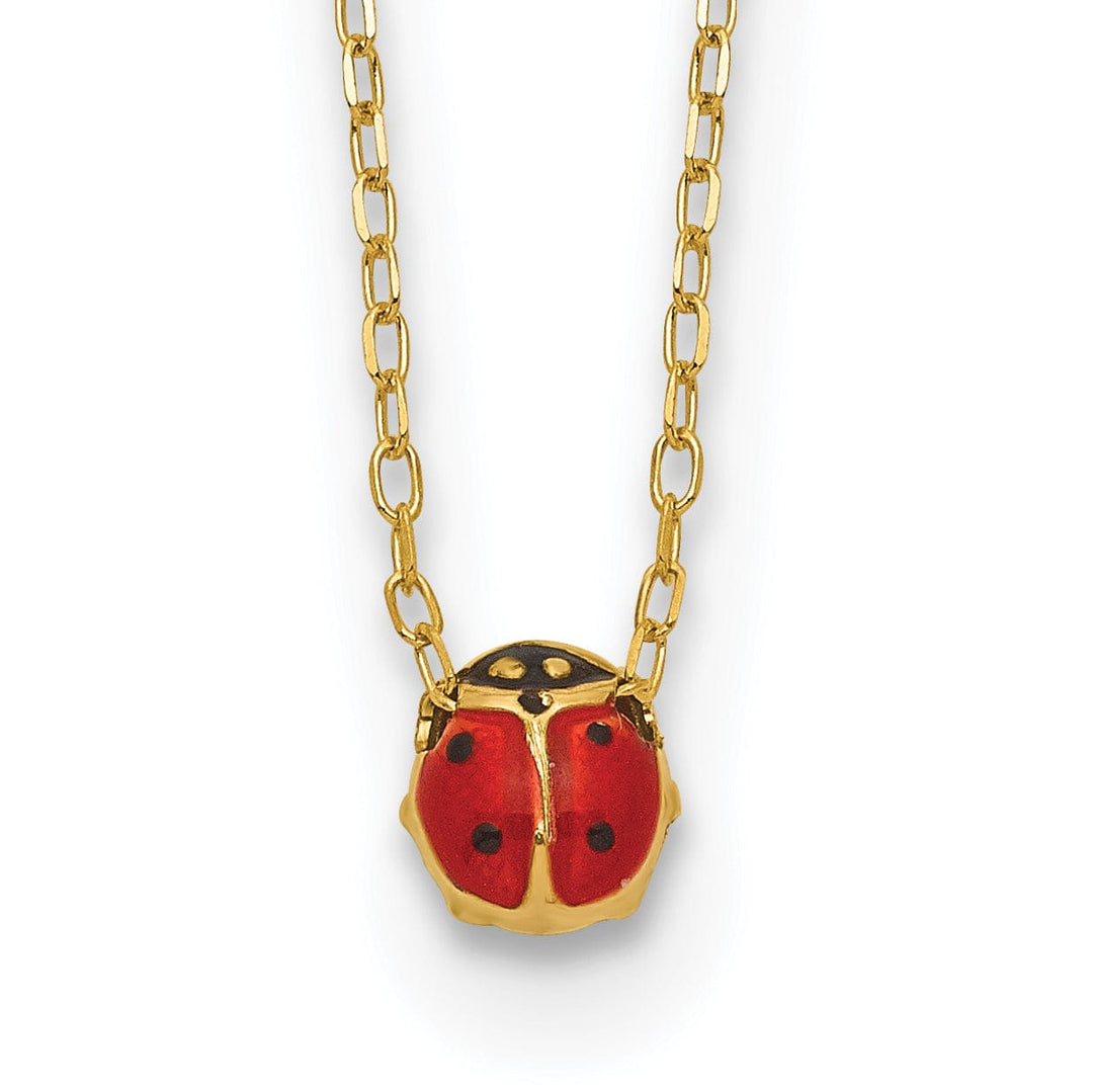 14k Yellow Gold Polished Red, Black Enameled Finish Small Size Hollow Ladybug Pendant in a 16.5-inch Cable Chain Necklace Set
