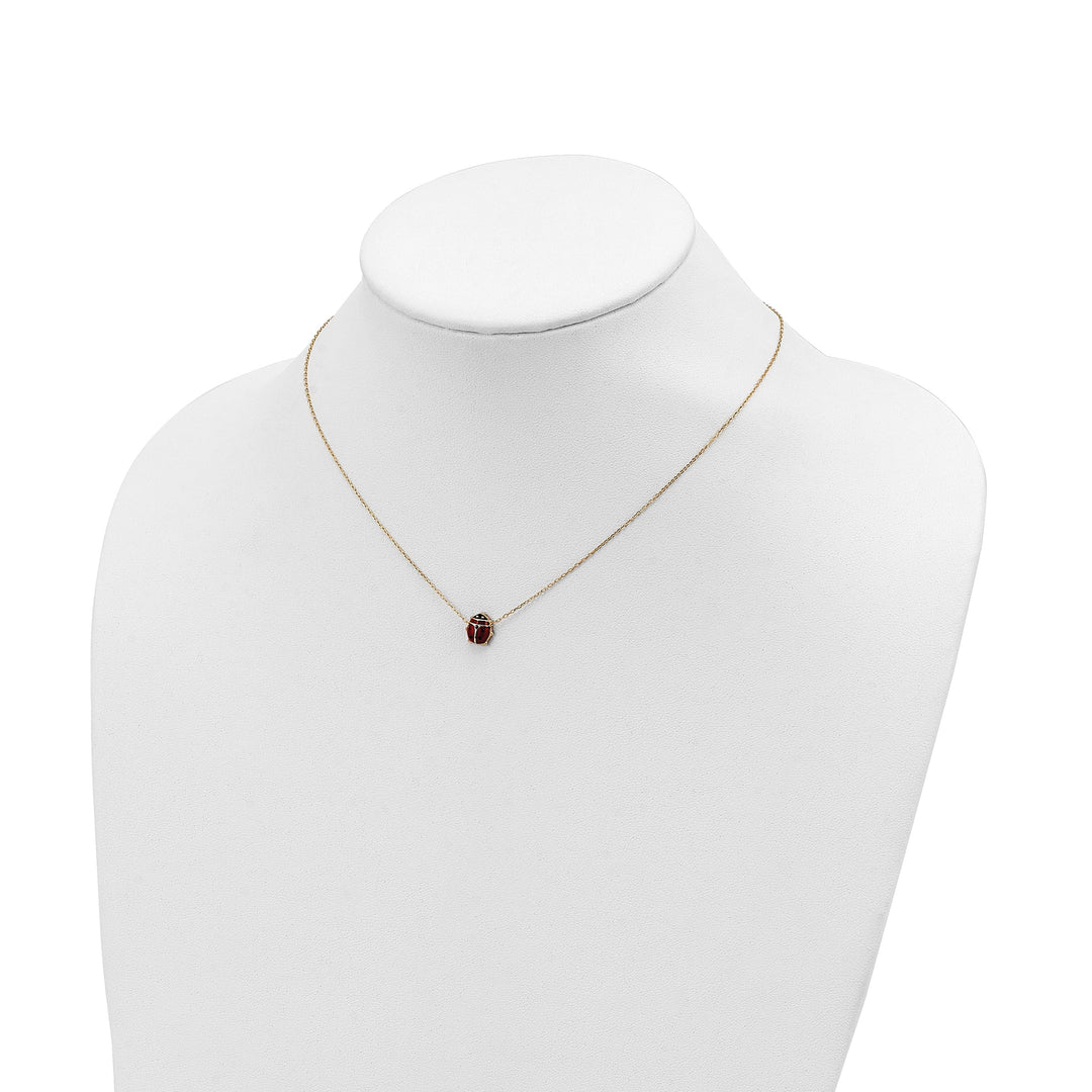 14k Yellow Gold Polished Red, Black Enameled Finish Large Size Hollow Ladybug Pendant in a 16.5-inch Cable Chain Necklace Set