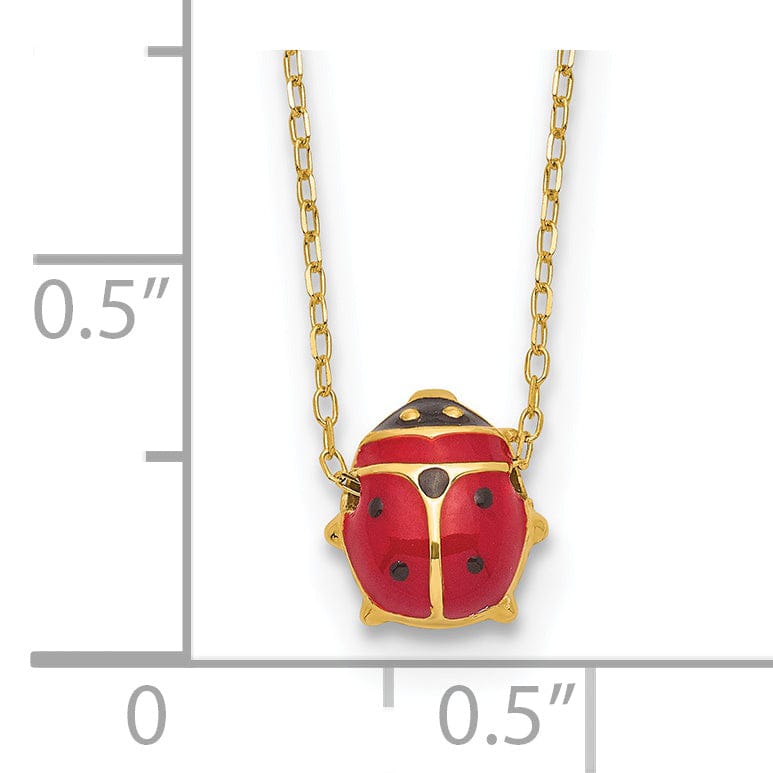 14k Yellow Gold Polished Red, Black Enameled Finish Large Size Hollow Ladybug Pendant in a 16.5-inch Cable Chain Necklace Set