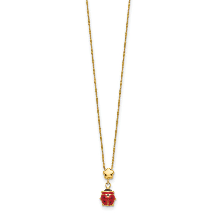 14k Yellow Gold Polished Red, Black Enameled Finish Hollow Ladybug with Flower Design Pendant in a 16.5-inch Cable Chain Necklace Set
