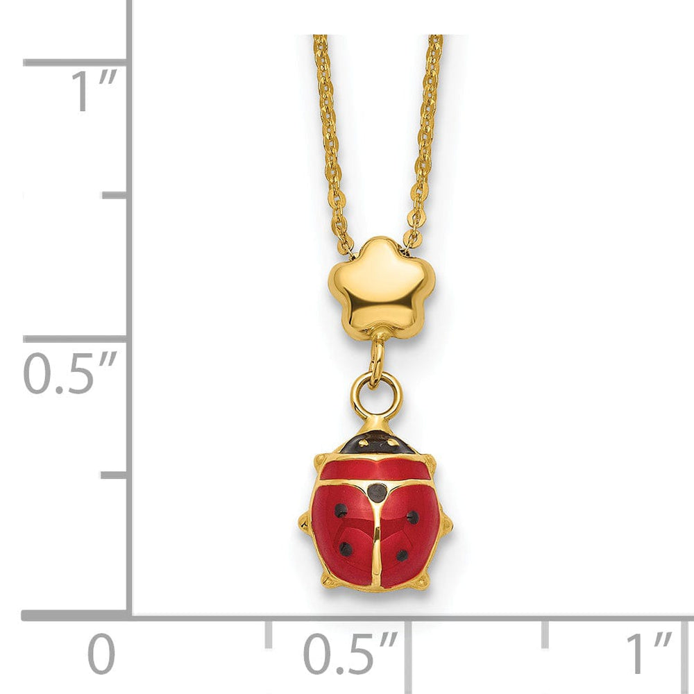 14k Yellow Gold Polished Red, Black Enameled Finish Hollow Ladybug with Flower Design Pendant in a 16.5-inch Cable Chain Necklace Set