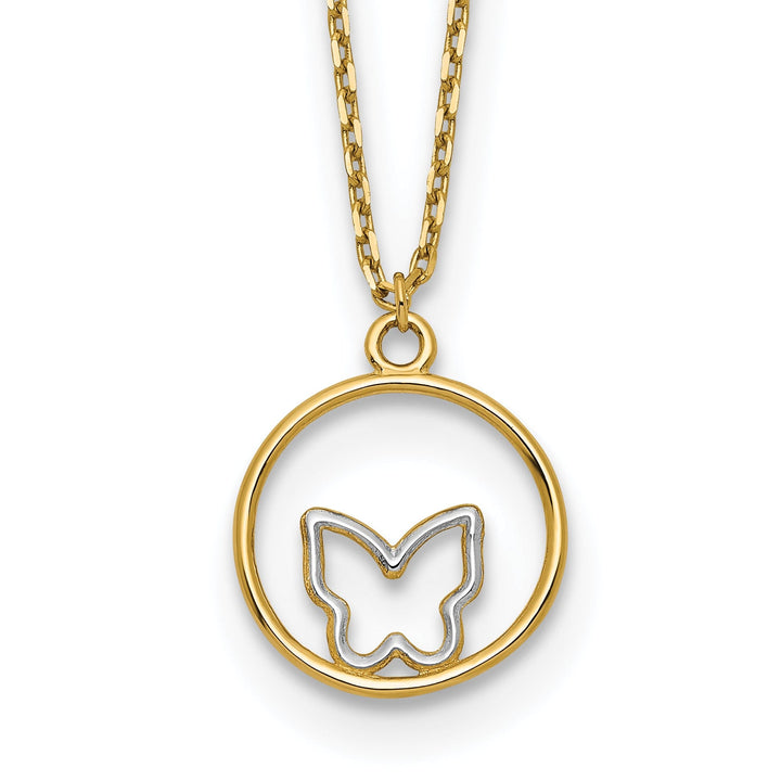 14k Yellow Gold, White Rhodium Polished Finish Butterfly in Circle Design Pendant in a 18-inch Cable Chain Necklace Set