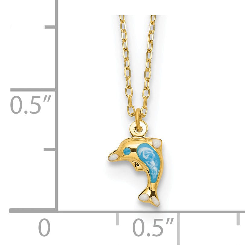 14k Yellow Gold Semi-Solid Polished White, Blue Enameled Finish 3-Dimensional Dolphin Pendant in a 16.5-inch Cable Chain Necklace Set