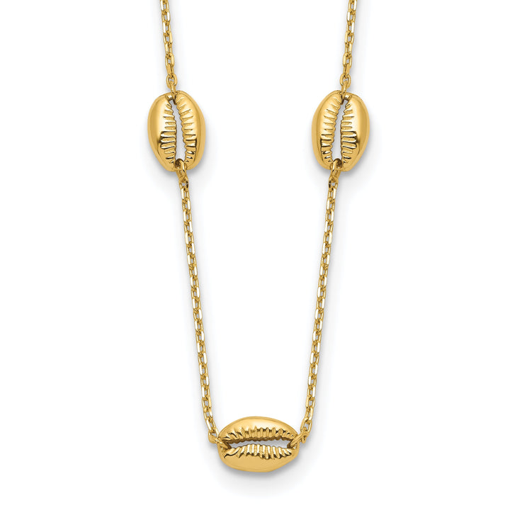 14k Yellow Gold Semi-Solid Polished Finish 5-Station Shell Pendant Design in a 18-inch Cable Chain Necklace Set