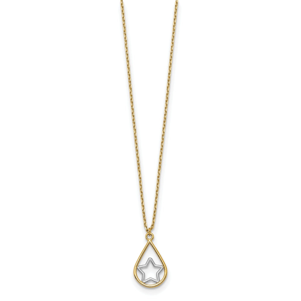 14k Yellow Gold, White Rhodium Solid 3-Dimensional Star in Teardrop Design Pendant 18-Inch Cable Chain Necklace Set