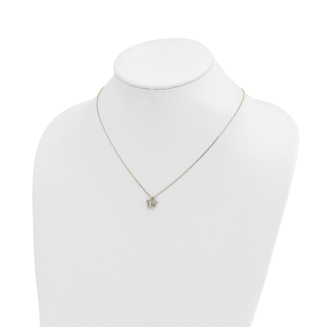14k Yellow Gold, White Rhodium Polished Diamond Cut Finish Solid Open Back Star in Star Style Pendant in a 18-Inch Cable Chain Necklace Set