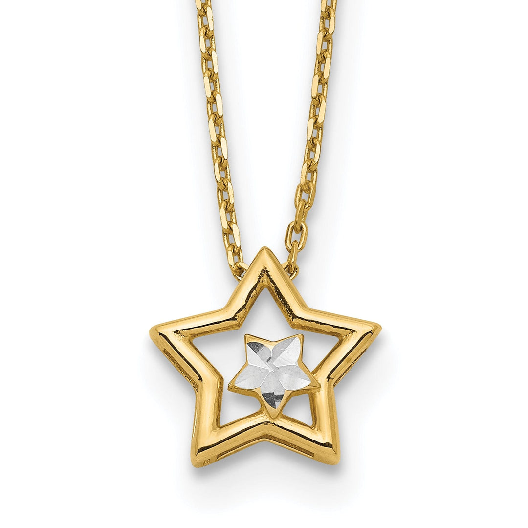 14k Yellow Gold, White Rhodium Polished Diamond Cut Finish Solid Open Back Star in Star Style Pendant in a 18-Inch Cable Chain Necklace Set