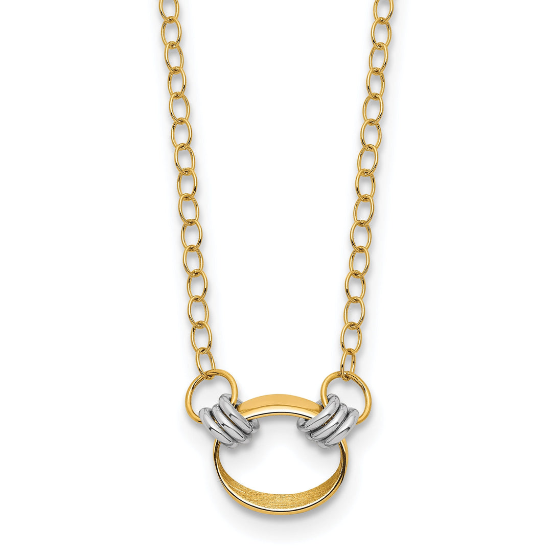 14K Two Tone Gold Polished Satin Finish Circle Pendant Design with 17-inch Cable Chain Necklace Set