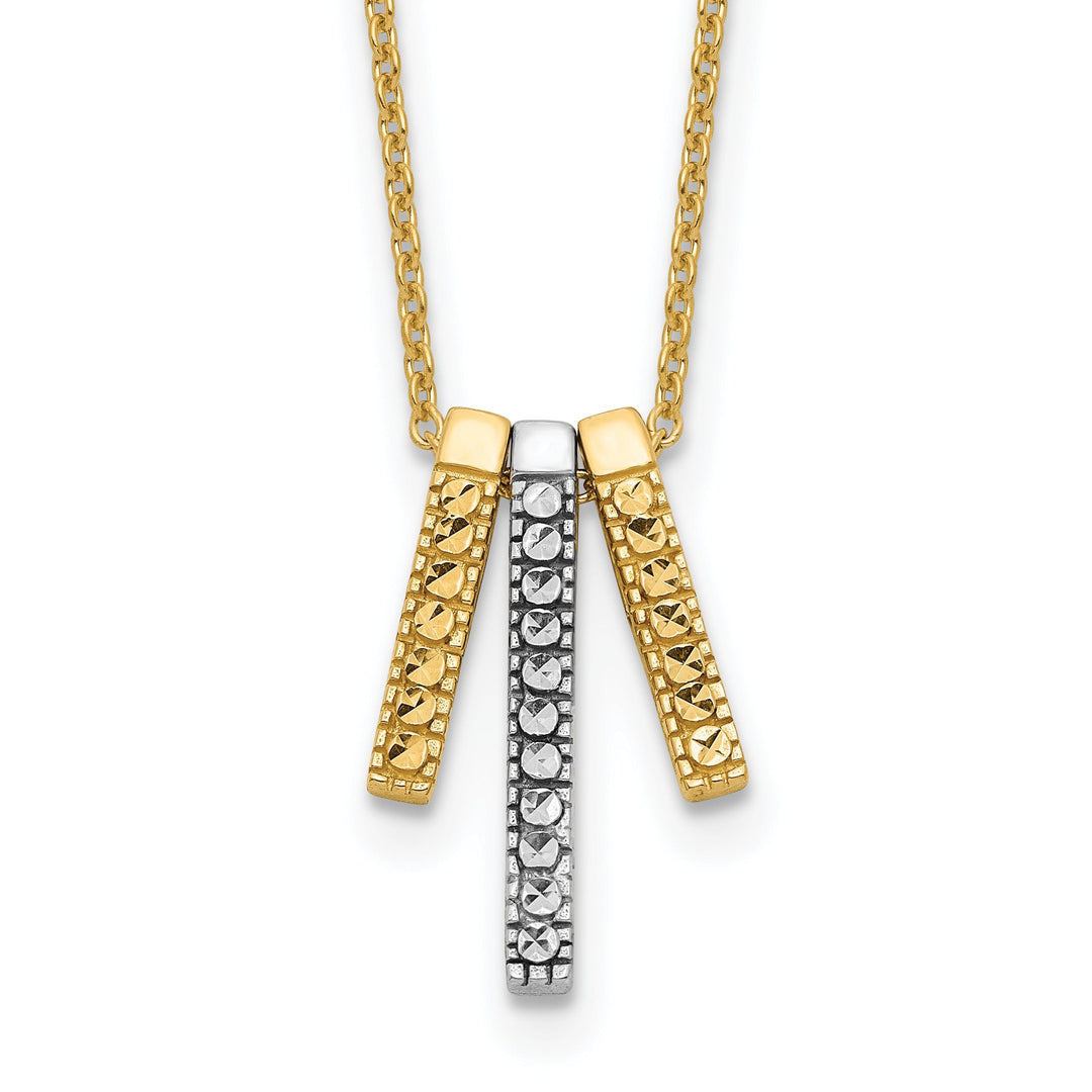14K Two Tone Gold Polished Diamond Cut Finish 3-Bars Pendant Design with 17-inch Cable Chain Necklace Set