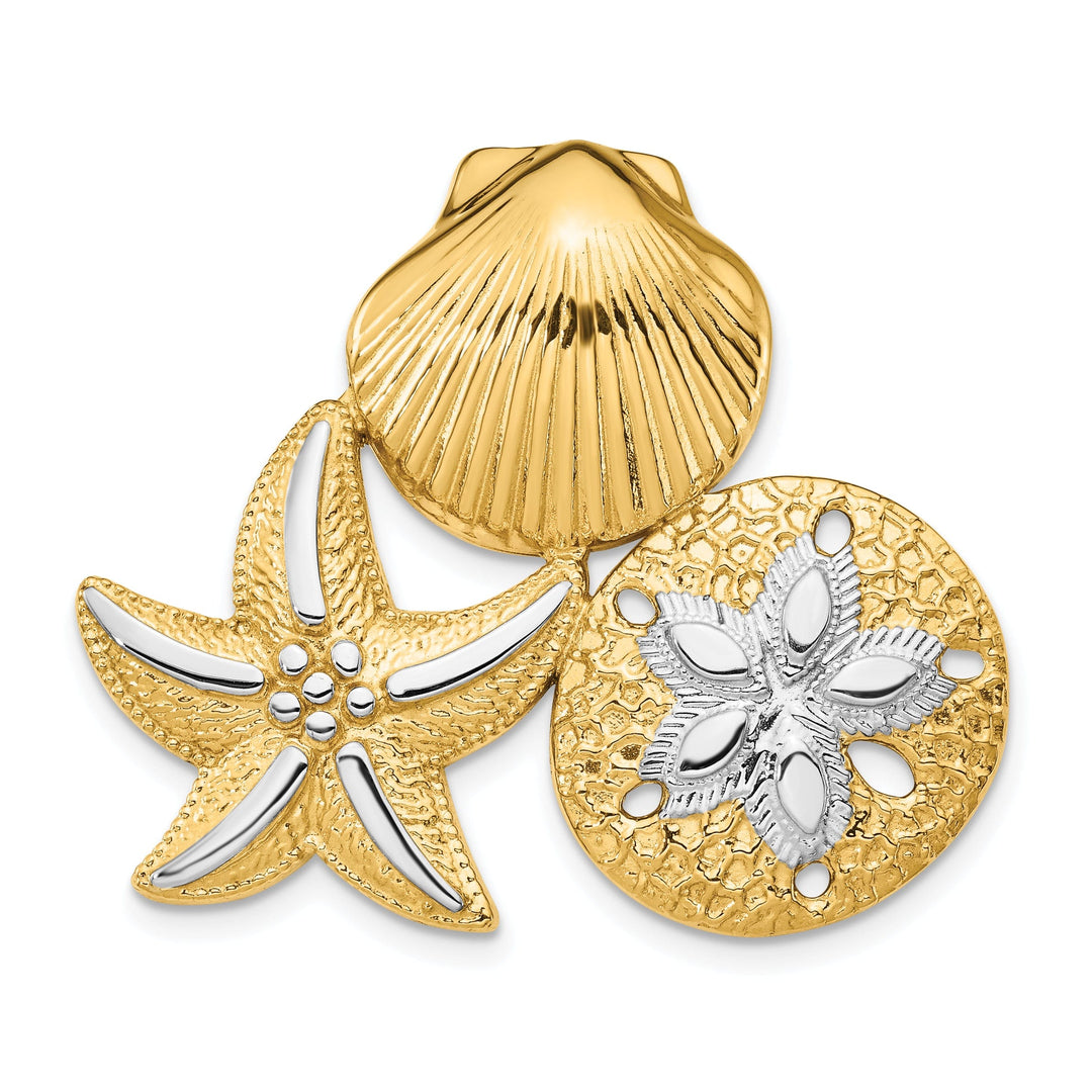 14k Yellow Gold White Rhodium Solid Polished Textured Finish Scallop, Starfish and Sand Dollar Design Slide Pendant Fits up to 8mm Fancy Omega Chain