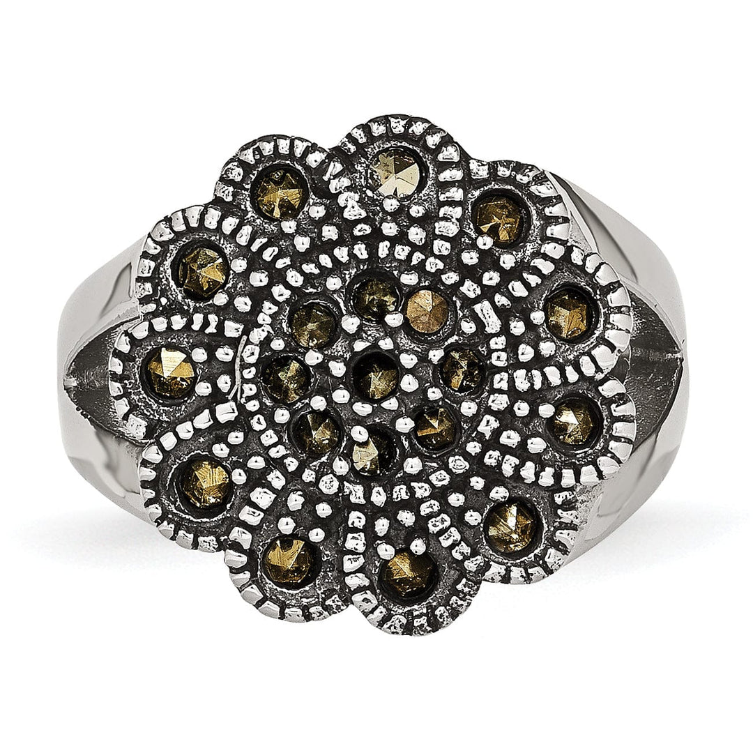 Stainless Steel Textured Flower Marcasite Ring