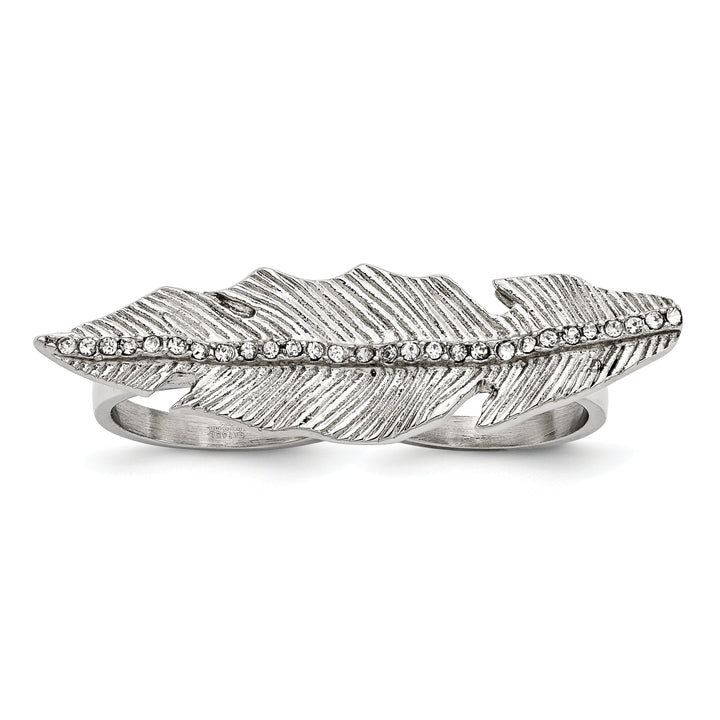 Stainless Antiqued Leaf Two Finger Crystal Ring