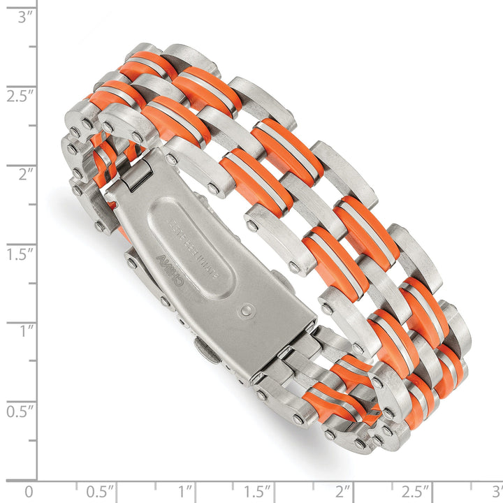 Stainless Steel Orange Rubber Fold Over Bracelet