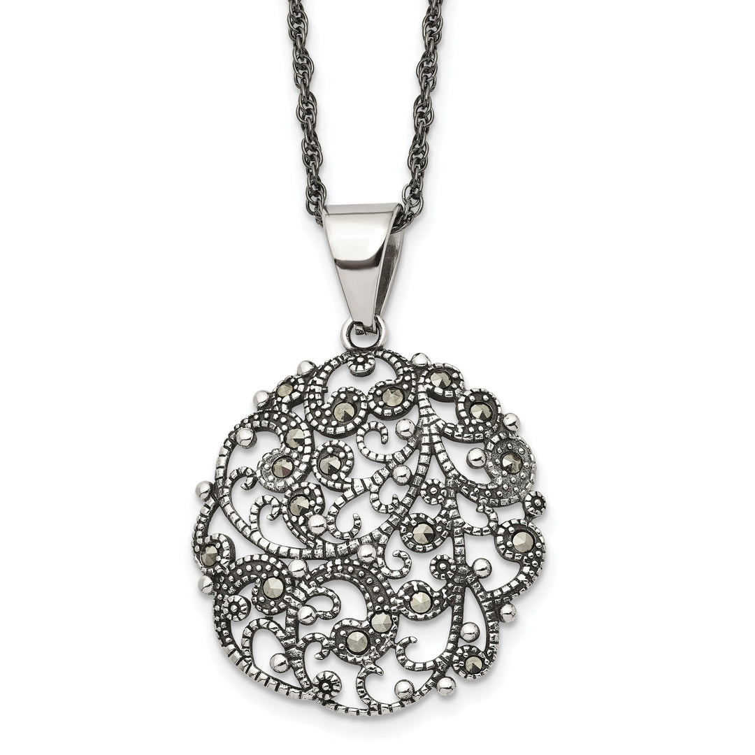 Stainless Marcasite Textured Circle Necklace