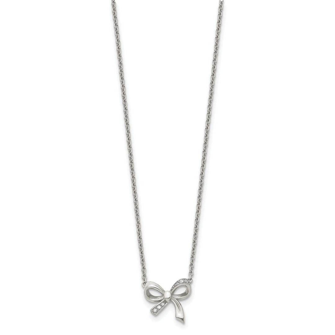 Stainless Steel Polished CZ Bow Necklace