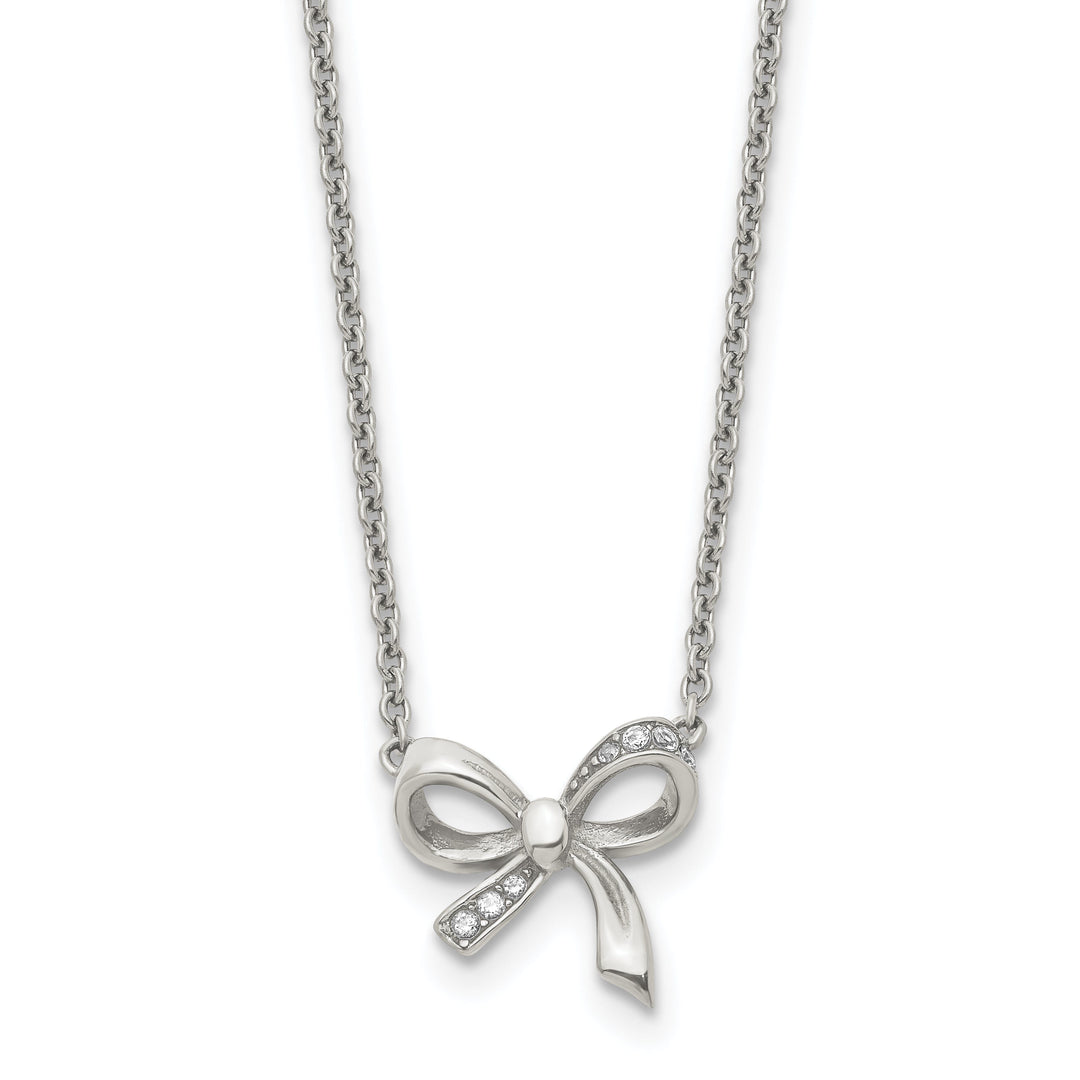 Stainless Steel Polished CZ Bow Necklace