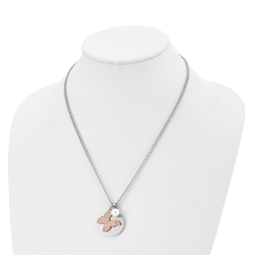 Stainless Rose CZ Butterfly Faux Pearl Necklace