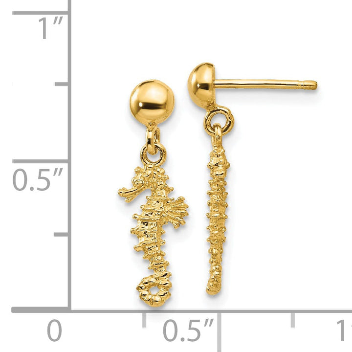 14k Yellow Gold 3-D Mini Seahorse Dangle Post Earr