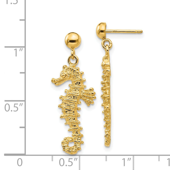 14k Yellow Gold Large Seahorse Dangle Post Earring
