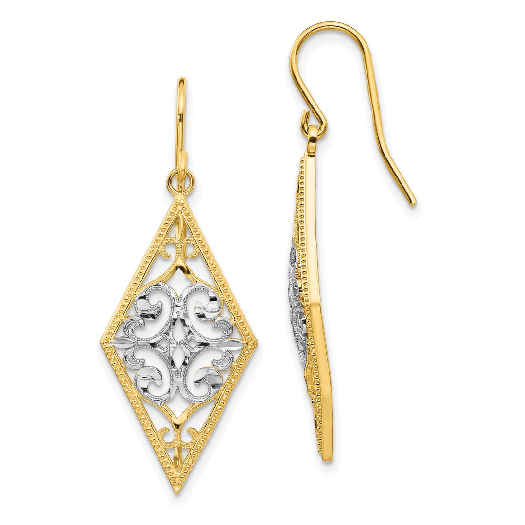 14k Two-tone Gold Diamond Shape Filigree Earrings