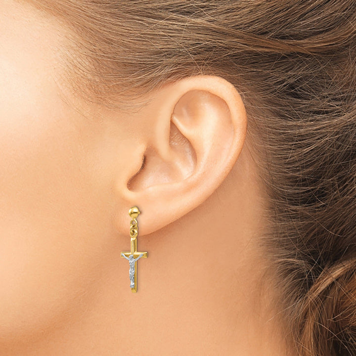 14k Two-tone Gold Hollow Crucifix Earrings