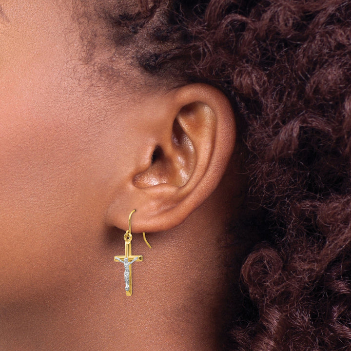 14k Two-tone Gold Polished Crucifix Earrings
