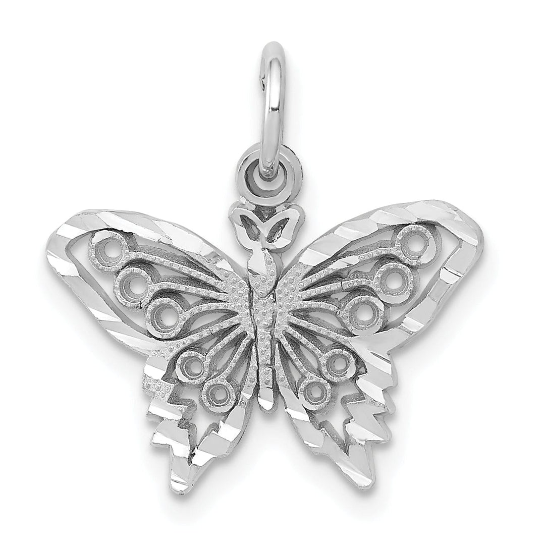 14k White Gold Textured Back Solid Diamond-Cut Brushed Finish Beaded Butterfly Charm Pendant
