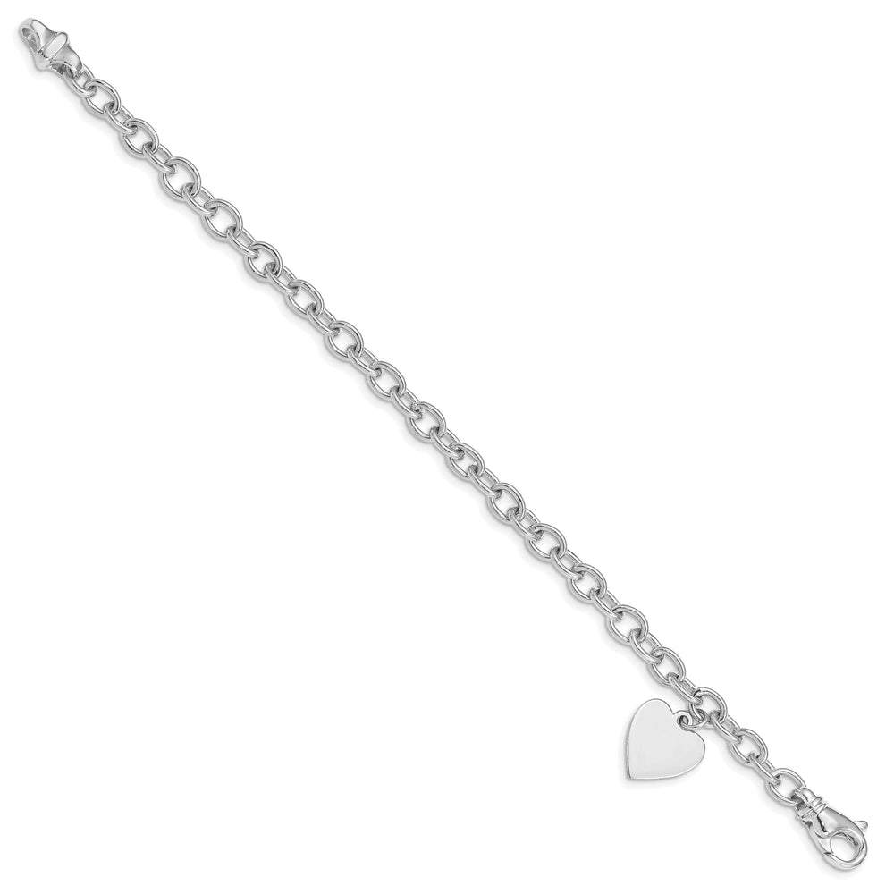 14k white gold heart link charm bracelet 7.5-inch, 13-mm width