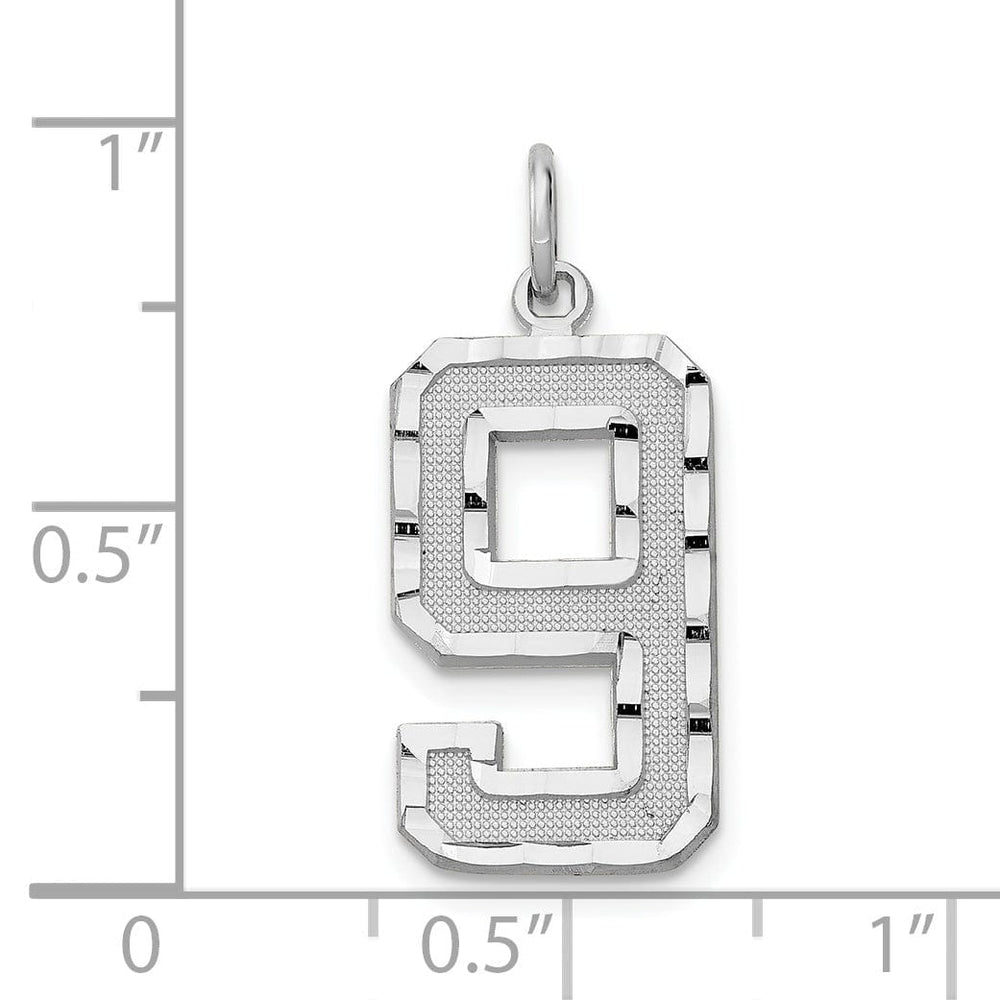 14k White Gold Diamond Cut Finish Large Size Number 9 Charm Pendant