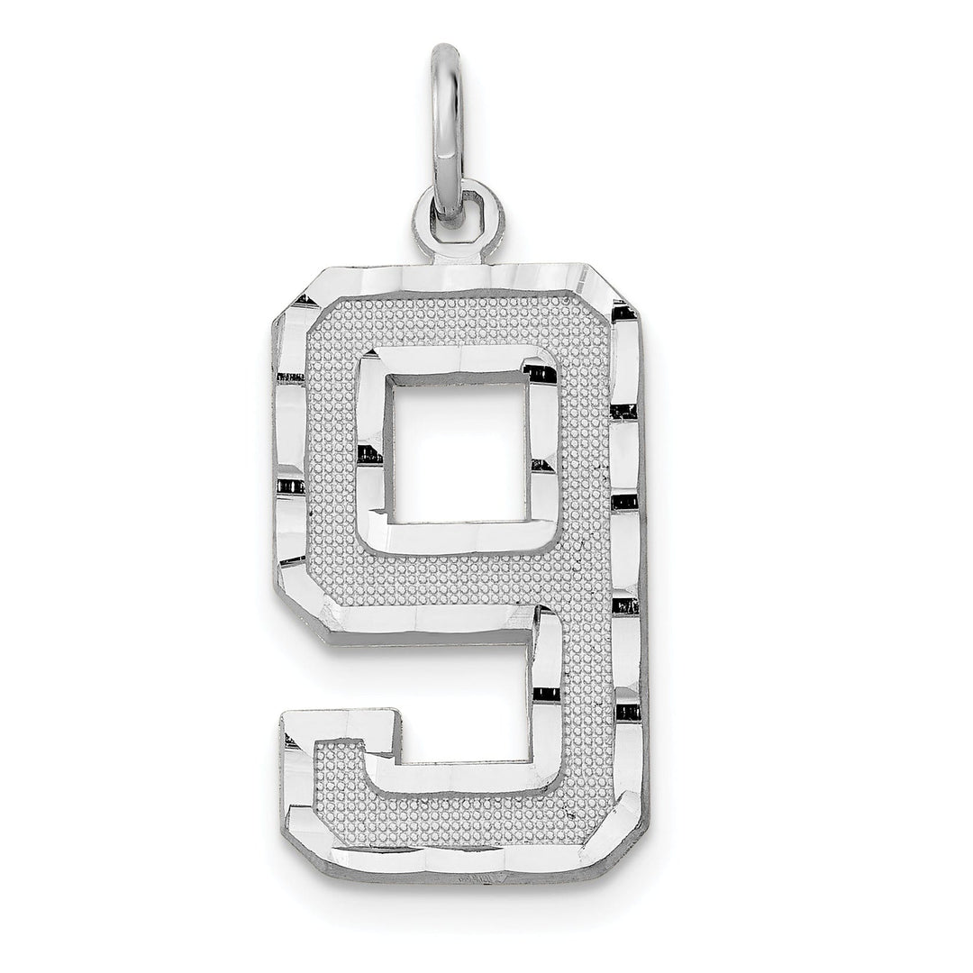 14k White Gold Diamond Cut Finish Large Size Number 9 Charm Pendant