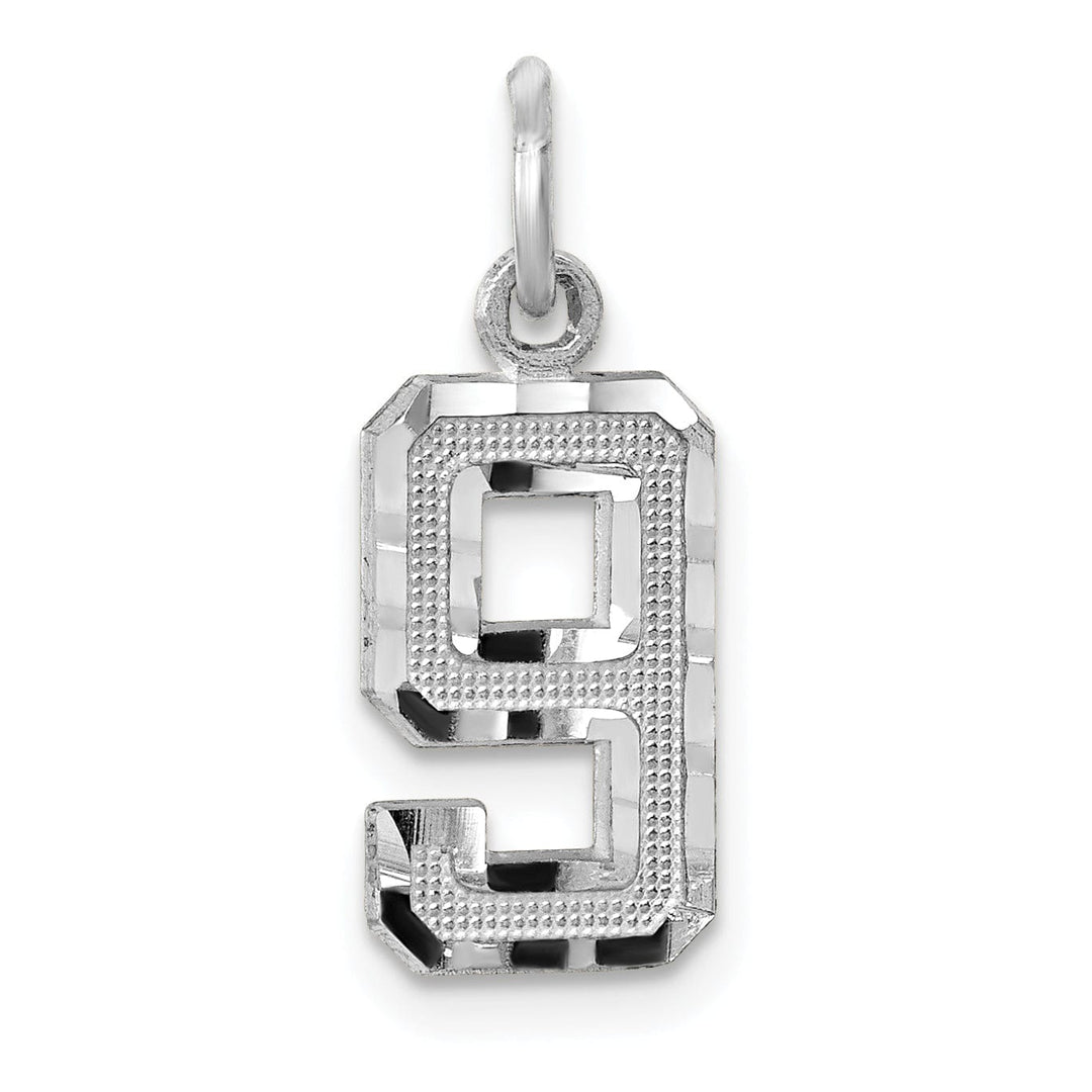 14k White Gold Small Size Diamond Cut Texture Finish Number 9 Charm Pendant
