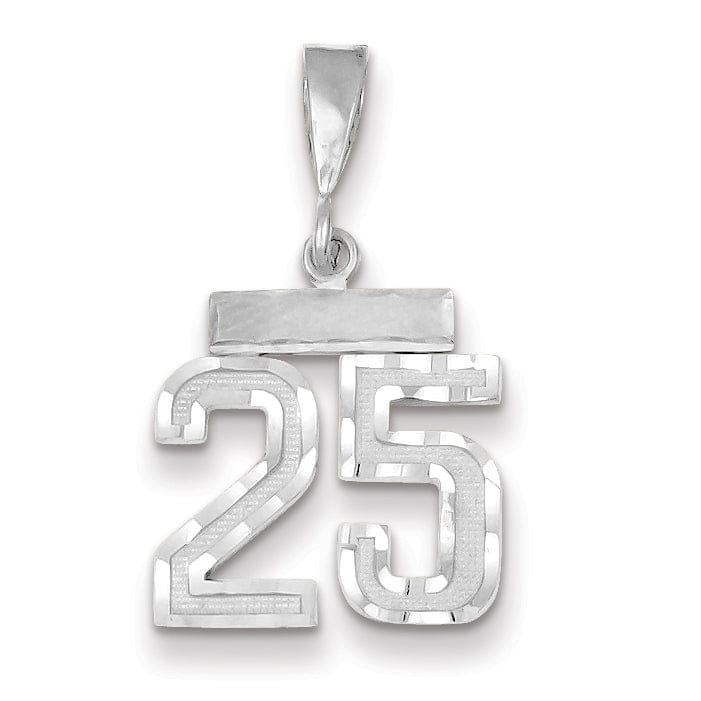 14k White Gold Small Size Diamond Cut Texture Finish Number 25 Charm Pendant