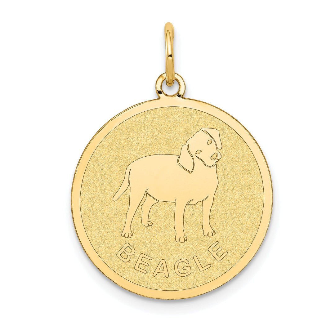 14k Yellow Gold Polished Finish Flat Back Beagle Dog Engravable Disc Round Shape Charm Pendant