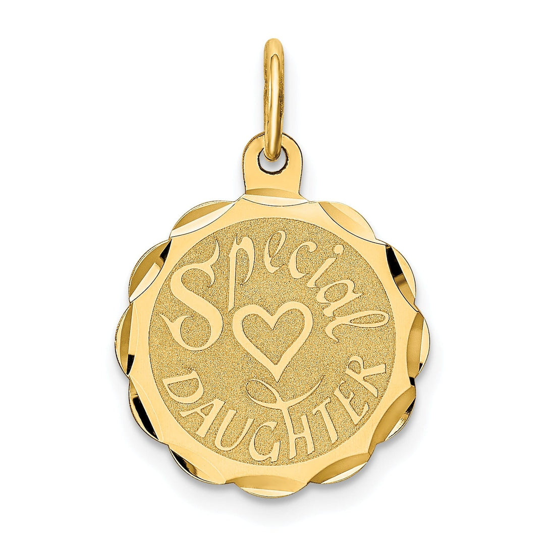 14K Yellow Gold Flat Back Brush Polished Finish SPECIAL DAUGHTER in Round Ridge Trim Design Charm Pendant