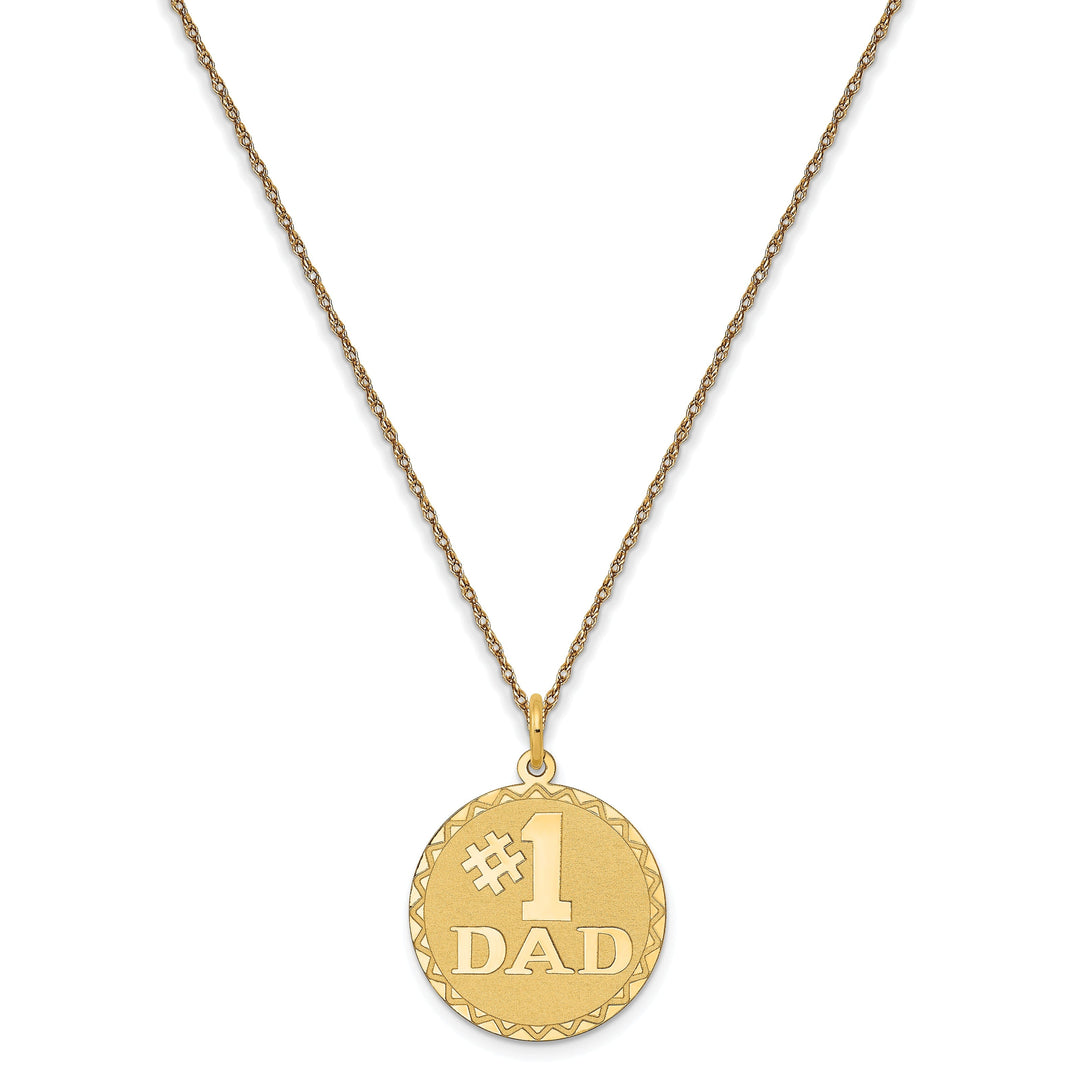 14k Yellow Gold Polished Textured Finish # 1 Dad Round Shape Charm Pendant with 18-inch Rope Necklace Chain