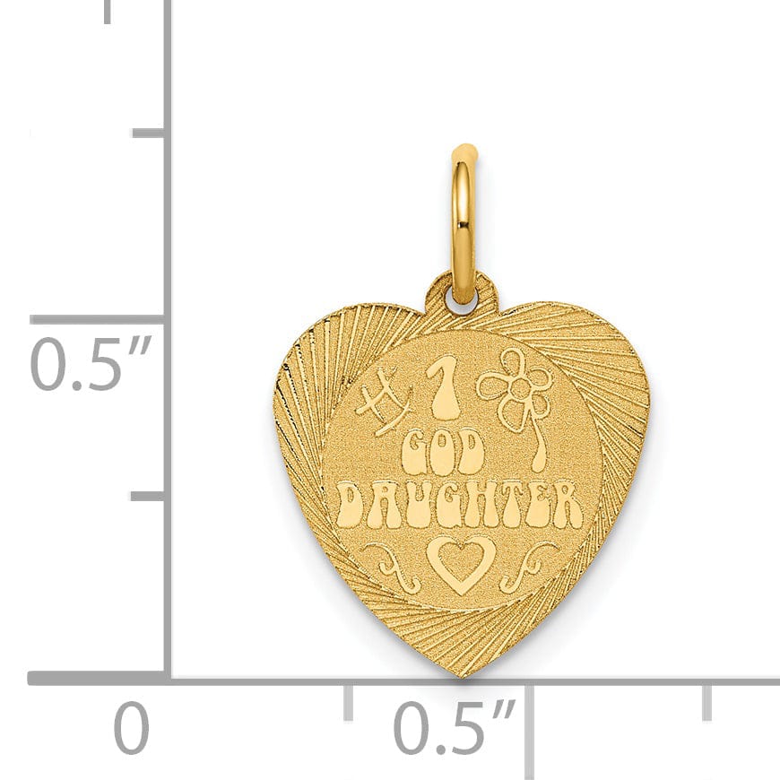 14k Yellow Gold Flat Back Textured Satin Polished Finish #1 GOD DAUGHTER In Heart Shape Design Charm Pendant
