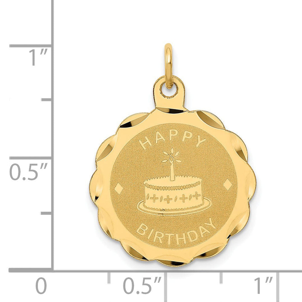 14K Yellow Gold Solid Textured Polished Brushed Finish HAPPY BIRTHDAY in Round Disc with Riged Trim Design Charm Pendant