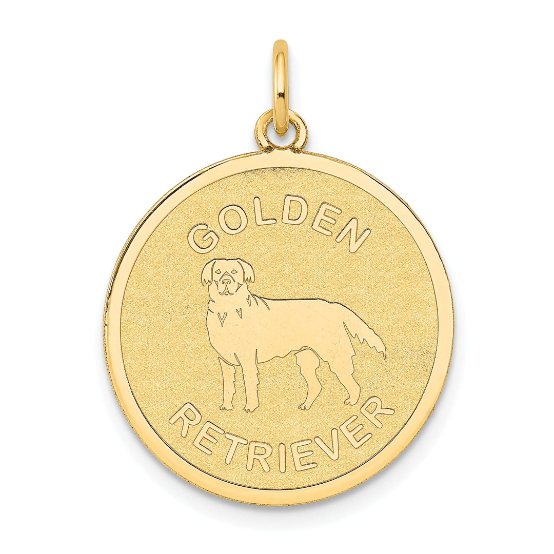 14k Yellow Gold Polished Finish Flat Back Golden Retriever Dog Engravable Disc Round Shape Charm Pendant