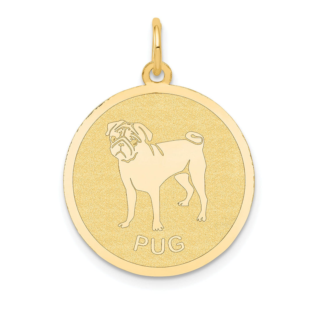 14k Yellow Gold Polished Finish Flat Back Pug Dog Engravable Disc Round Shape Charm Pendant