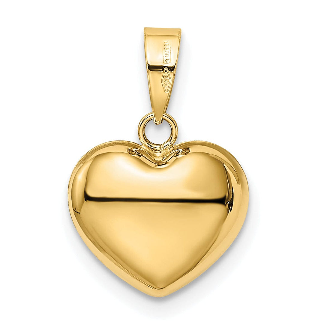 14K Yellow Gold Polished Finish 3 Dimensional Hollow Puffed Heart Design Charm Pendant