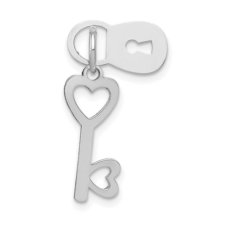 14K White Gold Rhodium Moveable Key and Heart Lock Charm Pendant